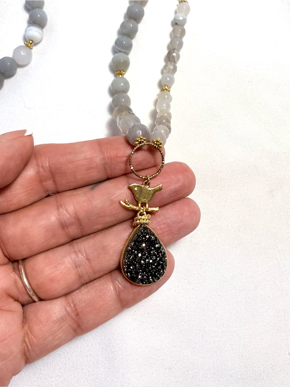 Gold Bird Pendant Necklace with Black Druzy Teardrop